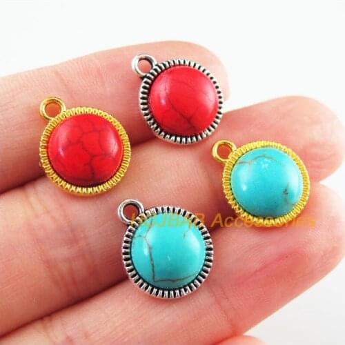 16Pcs Retro Gold Color Tibetan Silver Tone Round Blue&Red Stone Charms Pendants 12.5x15mm