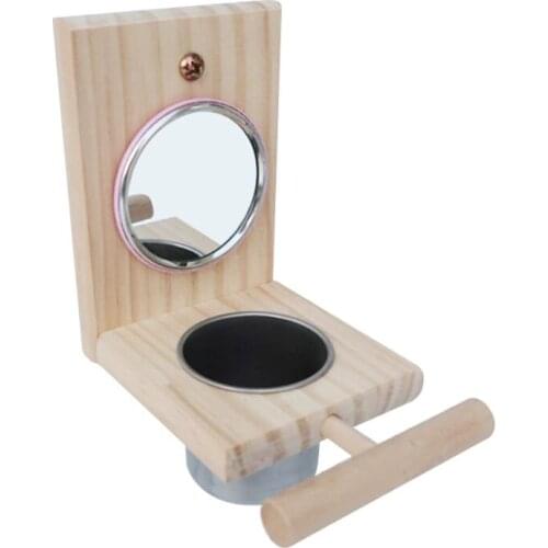 Bird Mirror Toys Wooden Parrot Perches Stand Platform Bird Feeder Feeding Cups R7RC