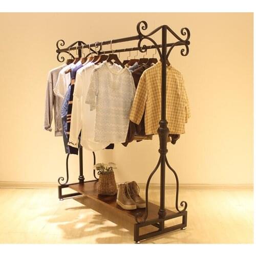 Retro mens and womens clothing store double row middle island floor hanging clothes rack childrens clothing parallel bar