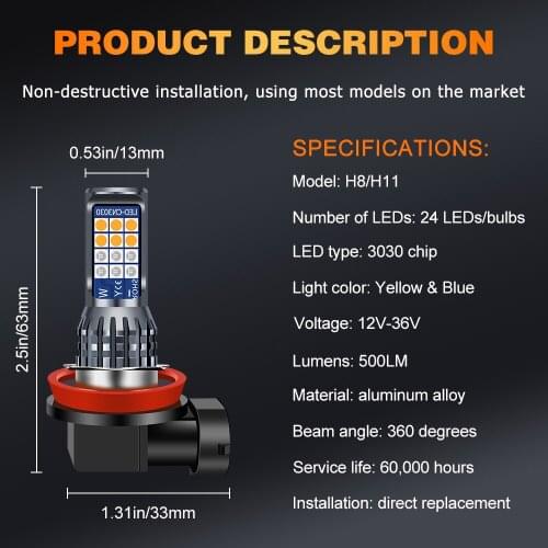 Yellow&Blue Integrated Led Fog lights Car H8 H11 H9 led 3030 24SMD Fog Lamp Daytime Running Light Bulb Turning Parking Bulb 12V