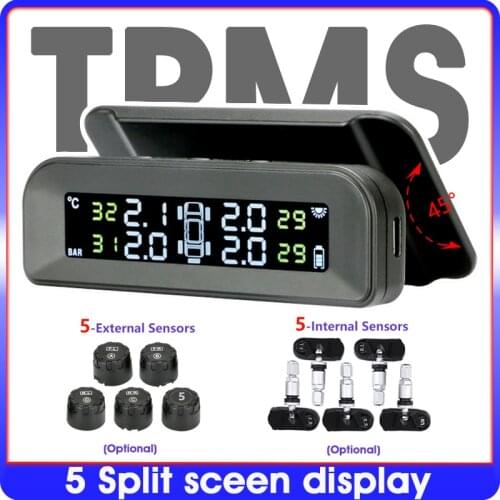 Car Tire Pressure Monitor System Solar Power Adjustable LCD Screen Automatic Brightness Control Wireless 5 Tire TPMS