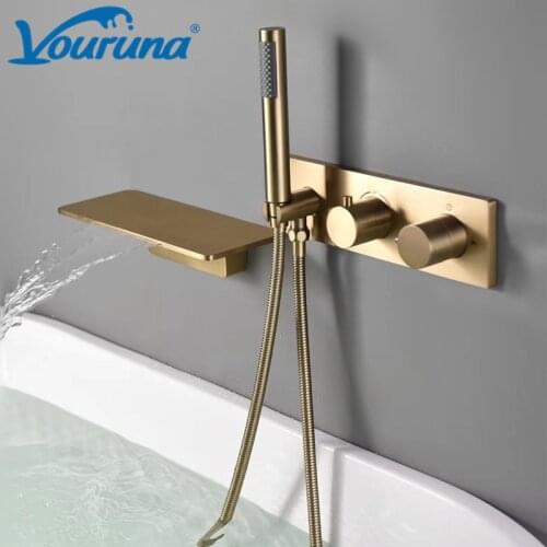 VOURUNA Thermostatic Wall-Mount Waterfall Tub Faucet Bathtub Filler Shower Mixer with Hand Shower Black/Brushed Golden/Chrome