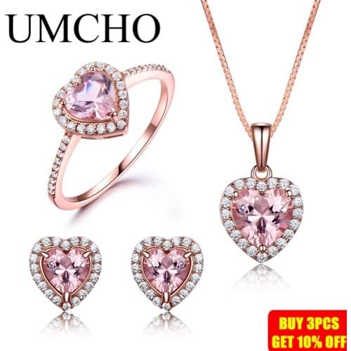 UMCHO 925 Sterling Silver Jewelry Set For Women Romantic Heart Morganite Pendant Stud Earrings Party Valentines Fine Jewelry