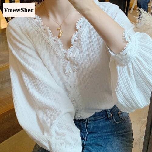 VmewSher New Vintage Spring Women Shirt V Neck Plain Lace Blouse Lady Elegant Puff Sleeve Pearl Buttons Casual Solid Basic Tops