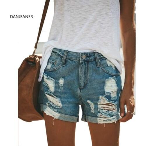 DANJEANER S-3XL Plus Size Vintage Destroyed Ripped Distressed Denim Shorts Mid Waist Boyfriend Hole Jeans Shorts for Women