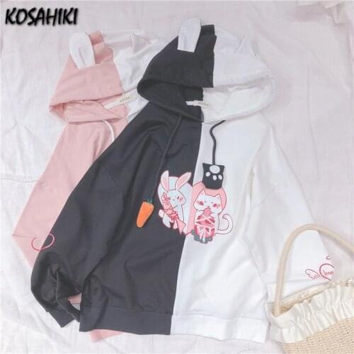 KOSAHIKI Bunny Ear Kawaii Hoodie Women Cute Rabbit Cat Lovely Sweatshirt Harajuku Soft Girls Anime Pink Pullover Black Tracksuit