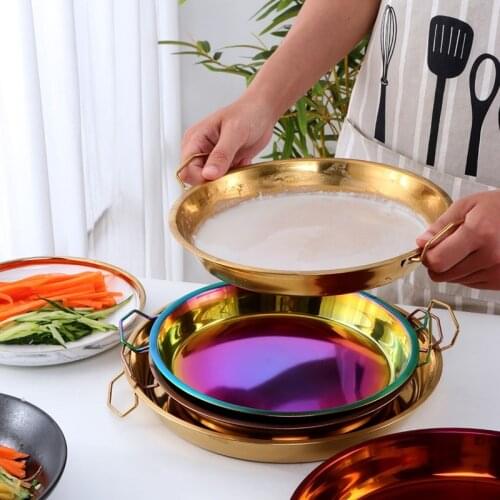 1 Piece of Cake Bread Fruit Tray Steak Plate Barbecue Meat Plate Stainless Steel Round Dinner Plate Double Ear Handle