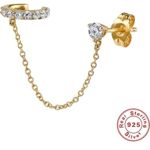 BOAKO 925 Sterling Silver Gold Circle Loop Chain Clip On Earrings Clear Crystal Ear Cuff With Zircon Stud Buckle For Women Jewel