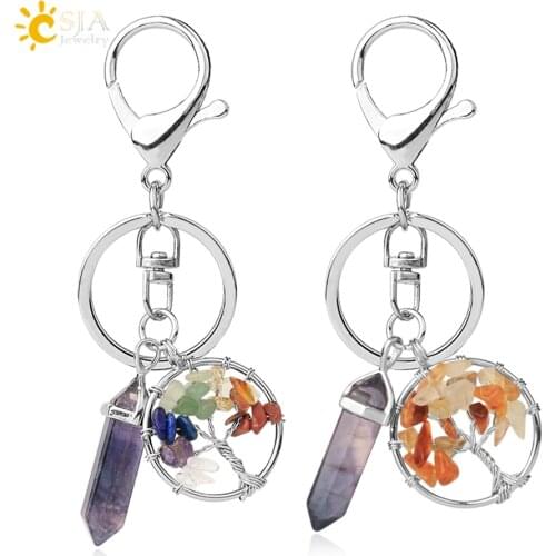 CSJA Natural Stone Fluorite Tree of Life Pendants Keychain Lobster Clasp Key Holder Car Backpack Accessories Unique Jewelry G380