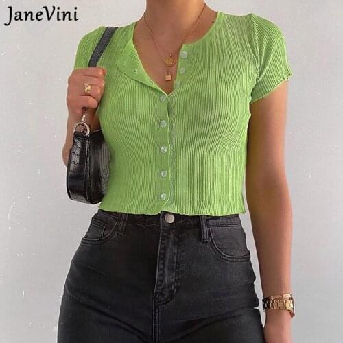 JaneVini O Neck Short Sleeve T Shirt Rib Knit Casual Women Button Cardigan Cropped Tops Tee Shirt Femme Solid Streetwear Summer