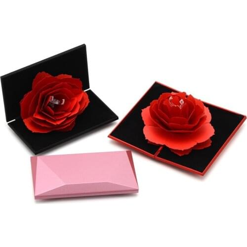 Diamond-shaped Rings Box Display Jewelry Gift Holder Wedding Engagement Ring Case Rose Flower Gift For Women