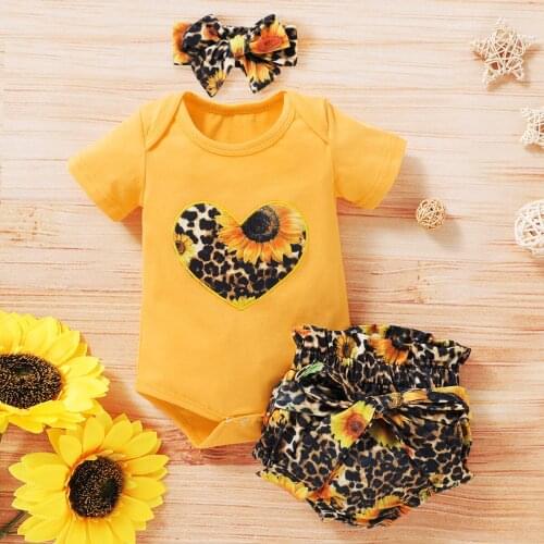 0-18M Newborn Infant Baby Girls Clothes Sets Sunflowers Print Short Sleeve Romper Shorts Headband 3pcs Baby Girl Clothing
