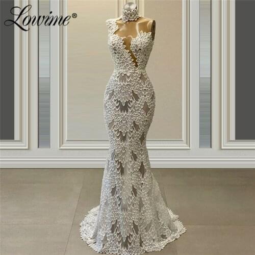 Mermaid Lace Elegant Evening Dresses Pearls Beading Long Dubai Women Evening Wear 2020 Newest Arabic Muslim Celebrity Dresses