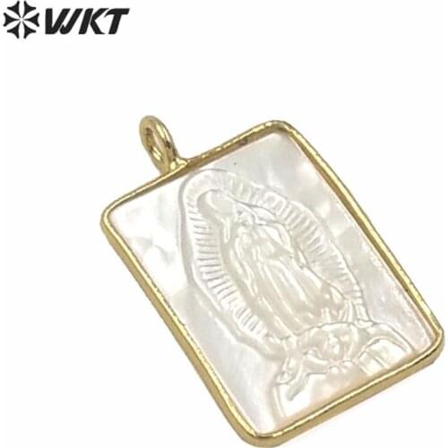 WT-JP234 Gold Color Bezel Medal Mother Of God Pendant Amazing Rectangle Shinning Mop Shell Virgin Mary Jewelry Pendant
