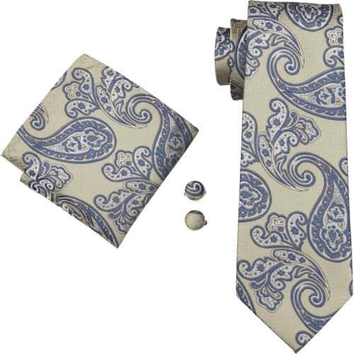 LS-1725 Barry.Wang Mens Tie Set Silk Gravata Yellow Paisley Necktie Hanky Cufflink 8.5cm Tie For Men Wedding Business Party