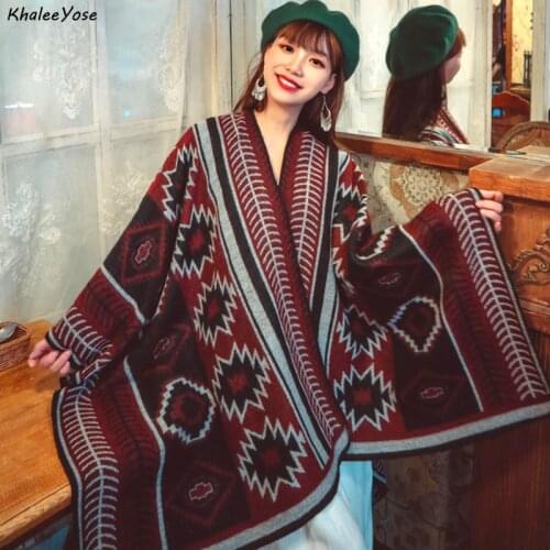 KHALEE YOSE Ethnic Boho Knited Cape Cloak Cardigan Vintage Chic Shawl Poncho Autumn Winter Floral Thick Warm Women Outwear