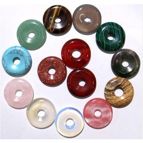 Natural stone Quartz Crystal tiger eye Turquoises Opal circle donut pendant 25mm for jewelry making necklace Accessories12pcs A8