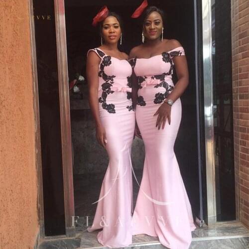 New Pink Satin Mermaid Bridesmaid Dresses Black Appliques Oee the Shoulder Wedding Party Gowns Women Occasion Dress Plus Size