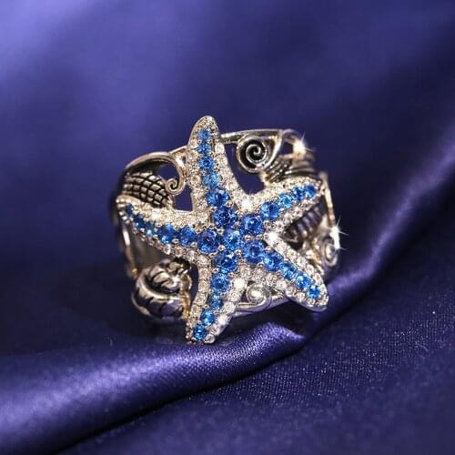 New Blue Starfish Silver Color Rings for Women with Bling Ziron Stone Wedding Engagement Cute Fashion Jewelry