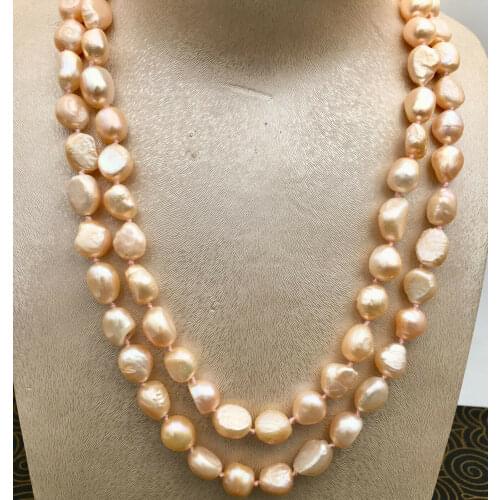 2 row 10-11MM Genuine Natural Freshwater Cultured pink Pearl Necklace 17-19"
