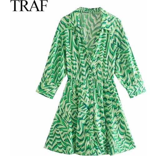 TRAF Za Womens Clothes Summer Fashion Green Printed Shirt Dresses Casual Long Sleeve Dress Vintage Button Pleated Mini Dress