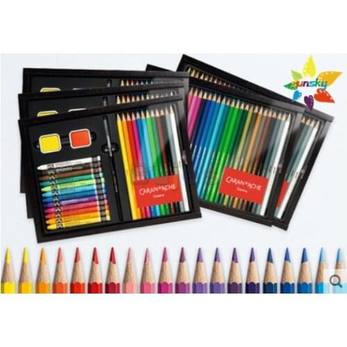 CARAN D'ACHE Pencil box wood Multiproduct 27/30 pcs Multi color water soluble lead crayon gouache painting wooden gift box