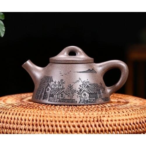 Hand-made double-knife engraving of raw ore high temperature clay overlord stone ladle pot Kungfu Teapot Tea Set