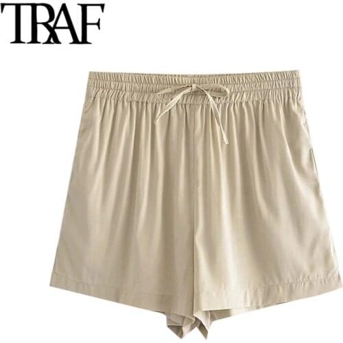 TRAF Women Fashion Side Pockets Soft Touch Shorts Vintage High Elastic Waist Drawstring Female Shorts Mujer
