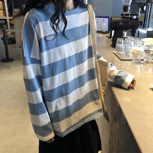 Embroidered Letter Stripe Bf Loose T-shirt Womens Tshirts Ulzzang Chic Kawaii Girl Female Cute Harajuku Tunic For Women