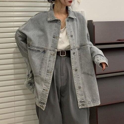 Chic Style Retro Oversized Cowboy Coat Loose Long Sleeve Student Denim Jacket Tops Womens Spring Autumn Casual Overall Chaqueta