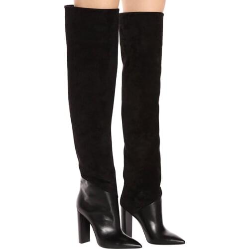 Womens long boots Black Pointed toe Thick heels High Heel Over-the-knee boots British Style Rome shoes woman botas femininas