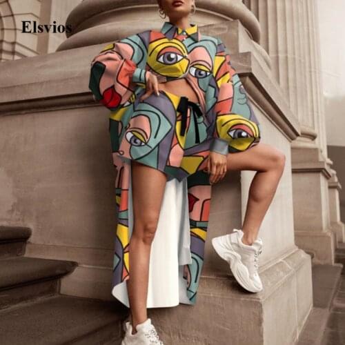Fashion Cartoon Print Women 2 Piece Sets Autumn Long Shirt Tops And Drawstring Shorts Suits Elegant Lantern Sleeve Spring Outfit