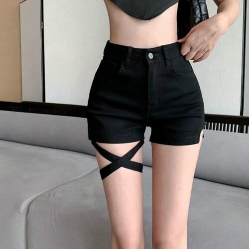 Harajuku High Waist Sexy Slim Outfits Denim Shorts For Women 2021 Summer Gothic Punk Style Hollow Out Bandage Shorts