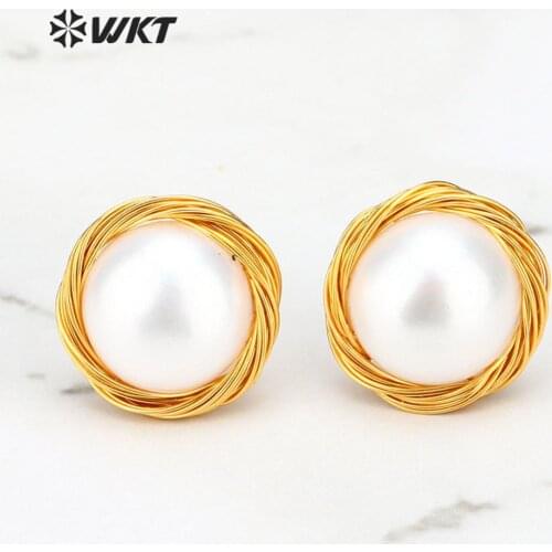 WT-E530 Natural Pearl Earring natural freshwater Pearl Stud With Wire Warrped Earring Women Dainty Earring Wedding Jewelry
