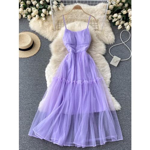 Women Sexy Mesh Spaghetti Strap Long Dress Summer Orange/Purple/Blue/Pink Ruffle A-Line Beach Robe Female Elegant Party Vestidos