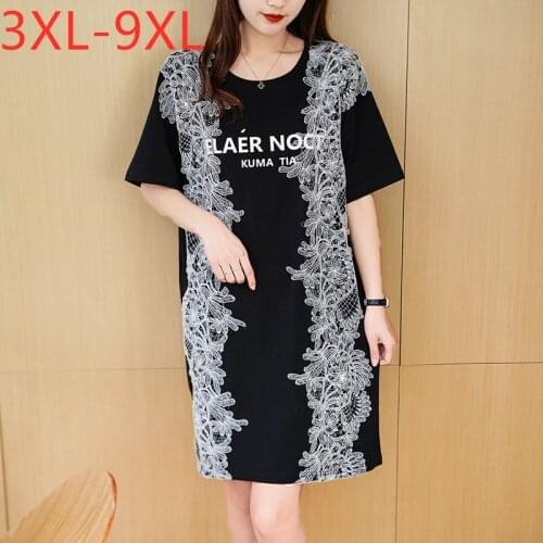 New 2021 Ladies Summer Plus Size T-shirt Dress For Women Large Short Sleeve Loose Cotton Lace Black Dress 4XL 5XL 6XL 7XL 8XL