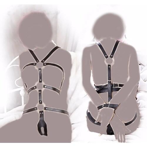 Puppy play PU leather fetish open crotch body harness with wrist cuffs, flirting Bondage SM flirting for female sex Games