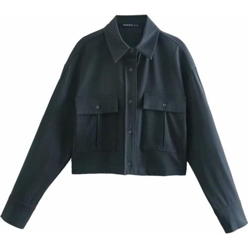 TRAF Women 2021 Fashion With Pockets Oversized Blouses Vintage Long Sleeve Button-up Female Shirts Streetwear