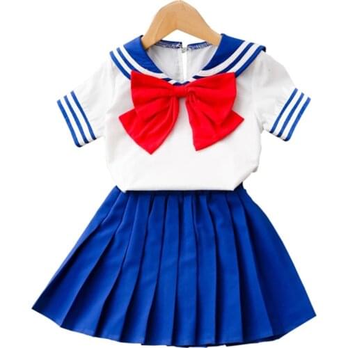 Childrens Suit For Girls Summer Short Sleeve Bow Top + Pleated Skirt Sailor Moon Cosplay Sets Casual Outfit Baby Kids Clothing