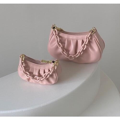 Designer Acrylic Chain PU Crossbody Bag Women Solid Folds Zipper Womens Shoulder Bag Fashion Soft-Faced Mini Tote Woman 2021