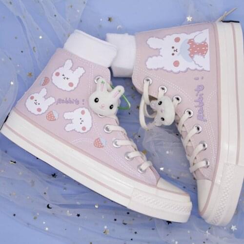 High Top Pink Cute Rabbit Canvas Shoes Female Hand-Painted Spring Autumn New Students Casual Flats Shoes Women Fashion Sneakers