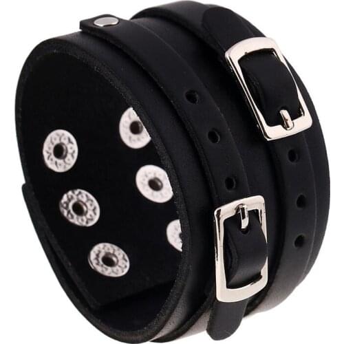 Fashion Punk Black Wide Genuine Leather Cuff Bracelet Belt Charm Buckle Bangle for Biker Wristbands Retro Vintage Hiphop Jewelry