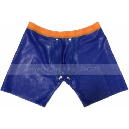 Men Rubber Latex Panties Dark Blue And Orange Color Blocking Shorts With Removable Crotch Piece Handmade S-LPM048