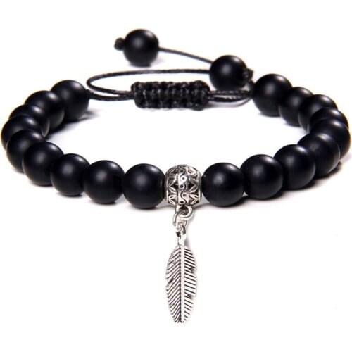 Natural Onyx Stone Beads Braided Bracelet Men Vintage Silver Color Feather Pendant Bracelet for Women Homme Jewelry Gift Pulsera