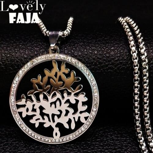 2021 Tree of Life Stainless Steel Crystal Necklace Women Silver Color Statement Necklace Jewelry acero inoxidable joyeria N1861