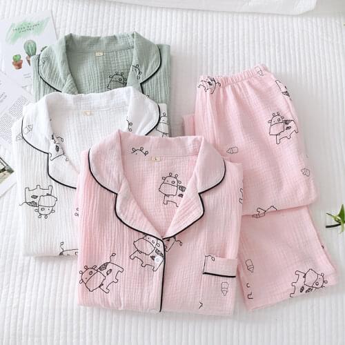 2021 Pijama Femme Pure Cotton Sweet Home Ladies Lapel Collar Cotton Thin Calf Crepe Long Sleeve Spot Vetements Femme Pj Set