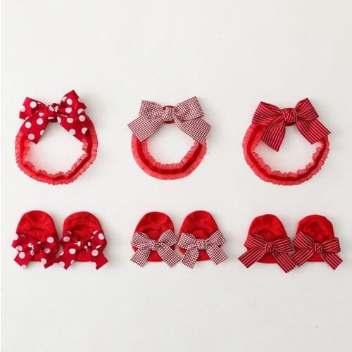 Baby First Birthday Gift Red Plaid Striped Bow Headband Socks Sets Infant Girls Christmas Present Polka Dot Hairwear Socks Suits