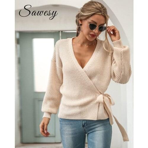 Pullover Lace Up Knitted Sweaters For Women 2020 Fall Winter V Neck Fashion New Arrival Ladies Casual Knit Sweater Off white