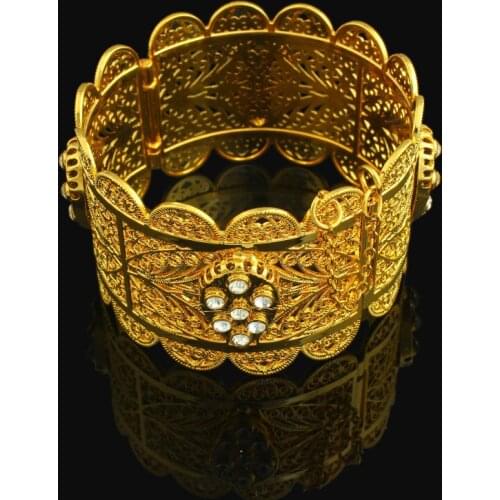 Dubai Wide Rhinestone Bangle&Bracelet for Women 24K Gold Color Crystal Bracelets Ethiopian African Middle East Eritrea Jewelry