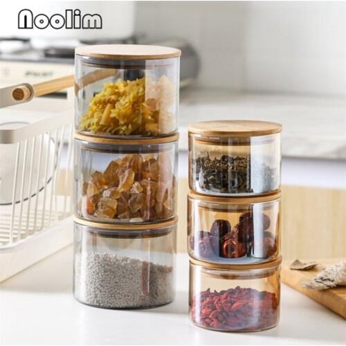 Glass Sealed Can Spices Jar Snack Dried Fruit Storage Tank Tea Caddy with Wood Lid Kitchen Food Container Candy Seasoning Bottle